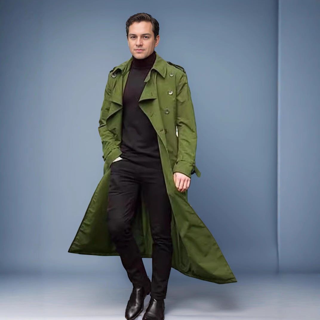 Men's Water-Repellent Long Trench Coat with Double Button Placket, Shoulder Epaulettes, and Adjustable Waist Belt Mune Fashion