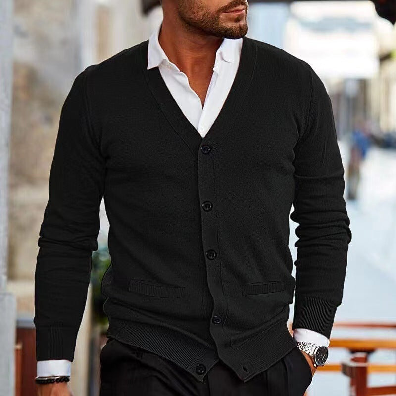 Men's fine knit V-neck cardigan with button placket and side pockets Mune Fashion