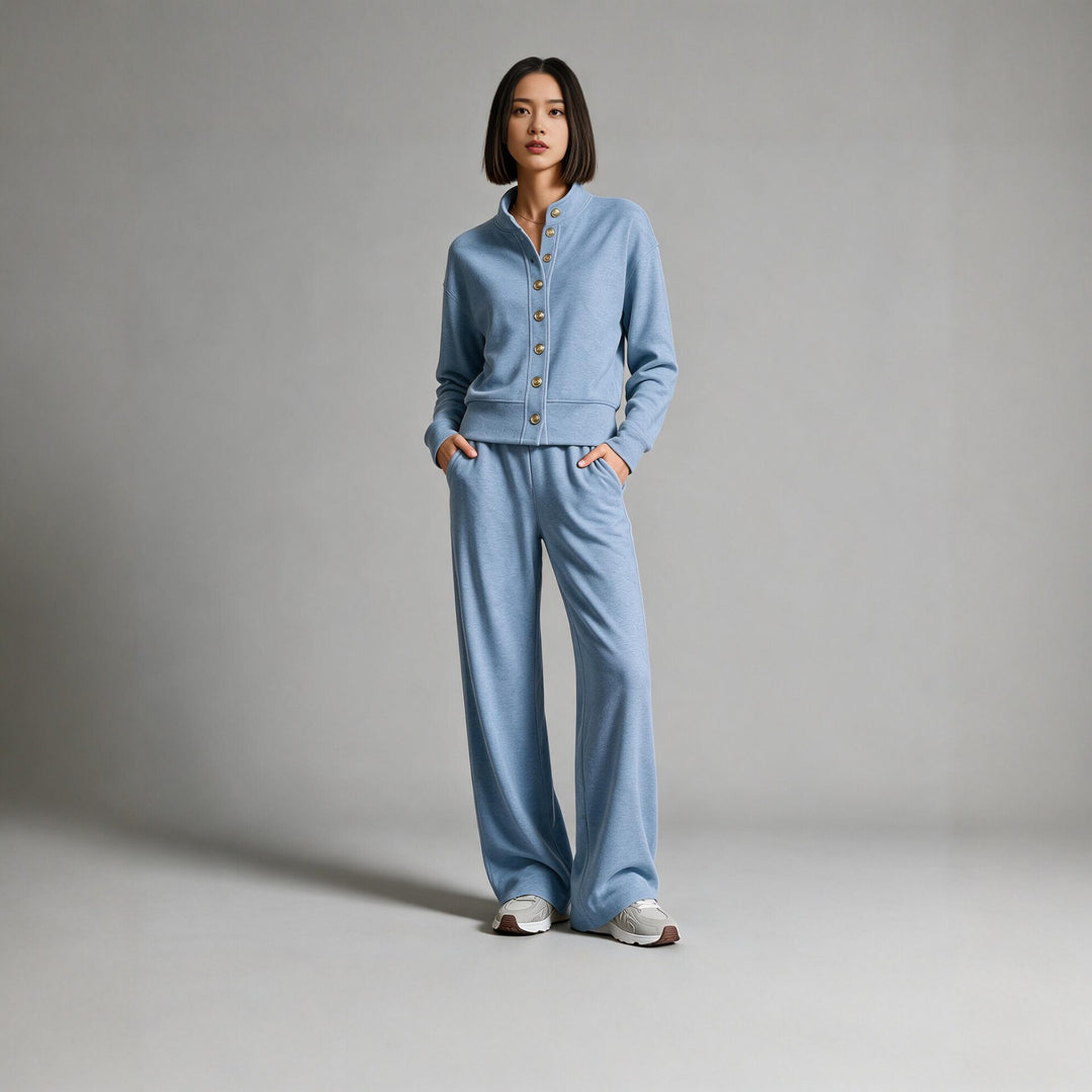 Women's sweat jacket with snap button placket, standing collar, and soft lounge cut Mune Fashion
