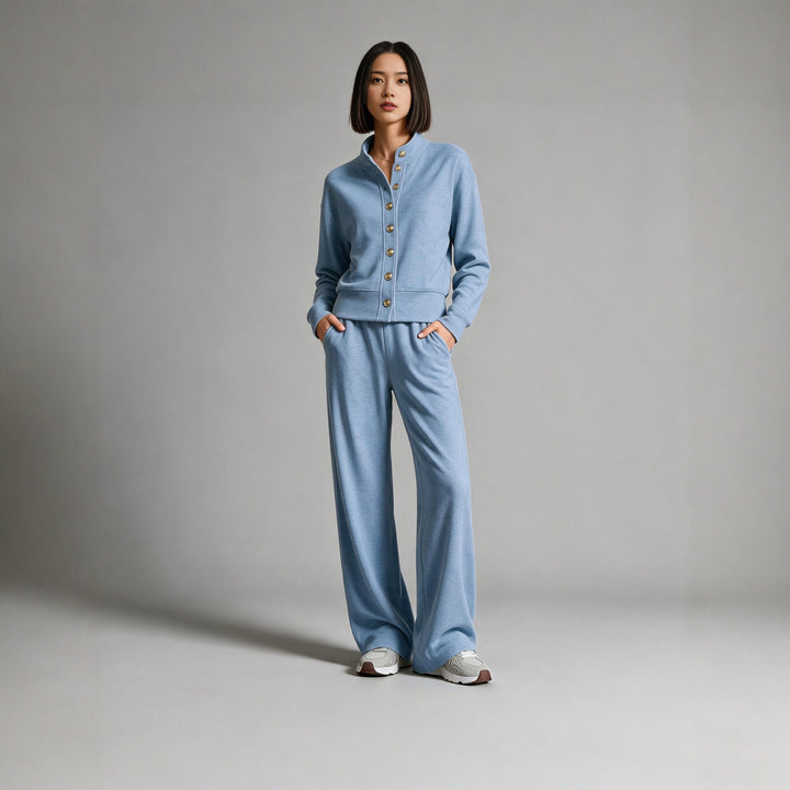 Women's sweat jacket with snap button placket, standing collar, and soft lounge cut Mune Fashion