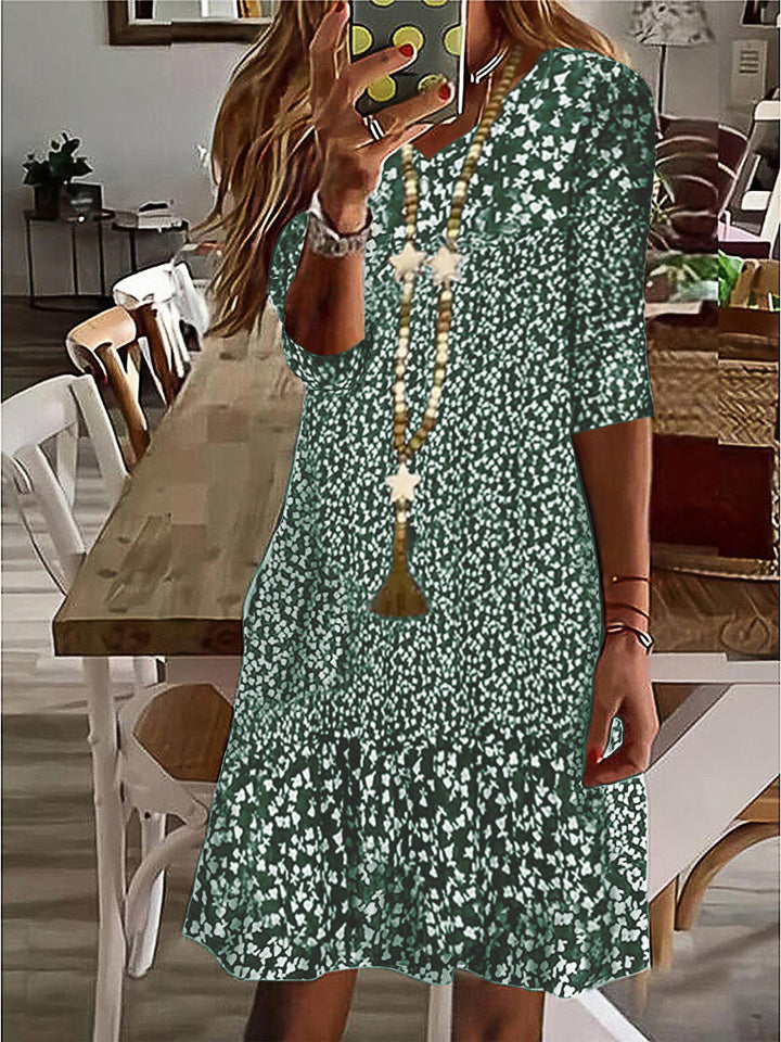 Women Casual Midi Dress with Ruffle Hem, Three-Quarter Sleeves and Floral Print Mune Fashion