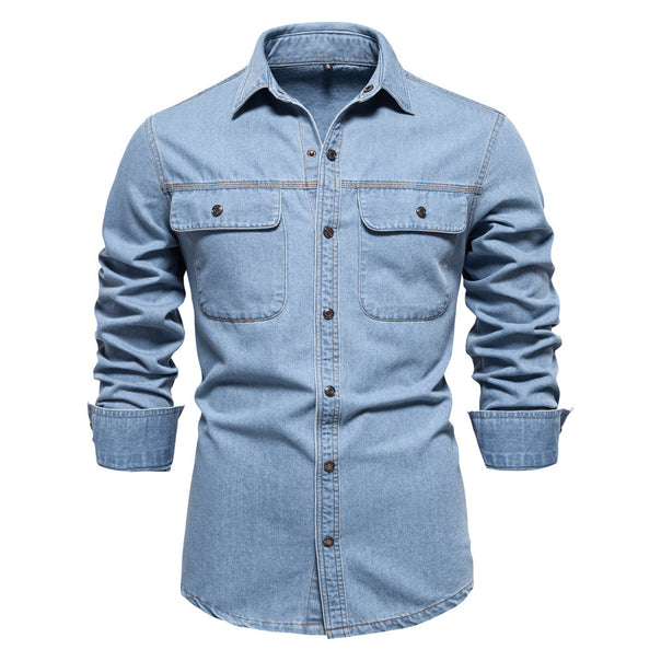 Men's light denim shirt with patch chest flap pockets and Kent collar Mune Fashion