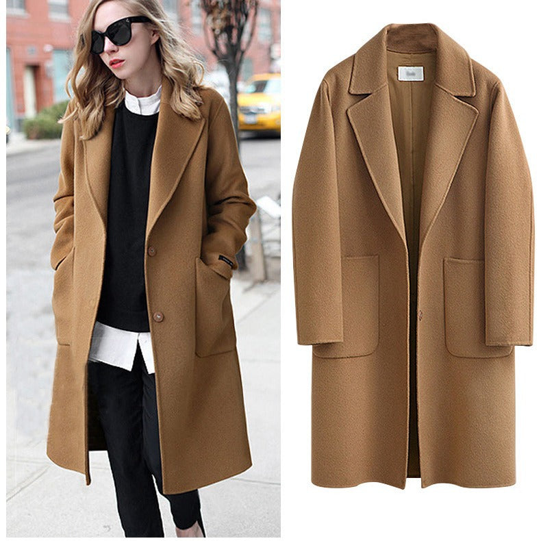 Women's Oversized Wool Blend Coat with Lapel Collar and Patch Pockets Mune Fashion