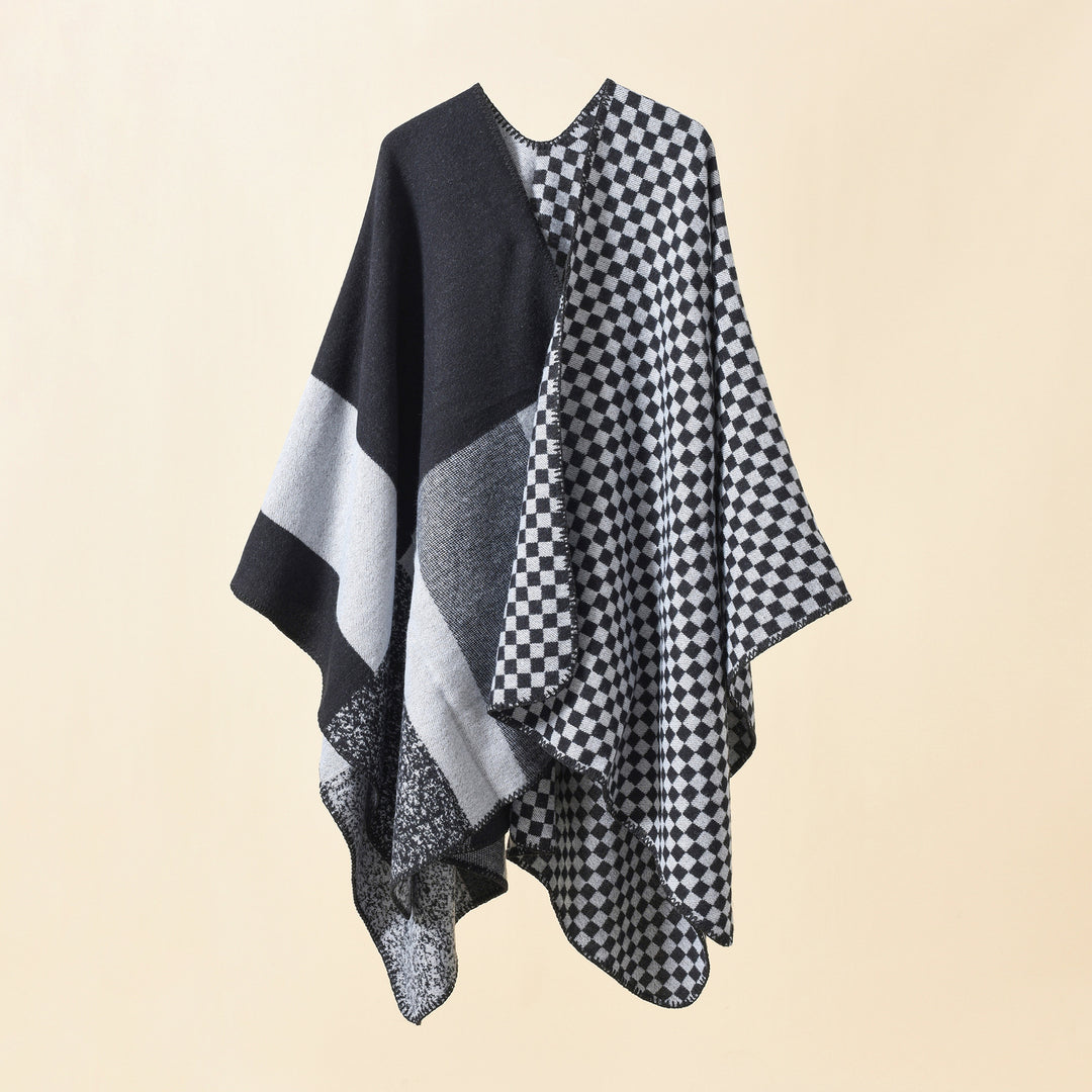 Women's Reversible Checked Pattern Cape Poncho made of Wool Blend with Boxy Oversized Fit Mune Fashion