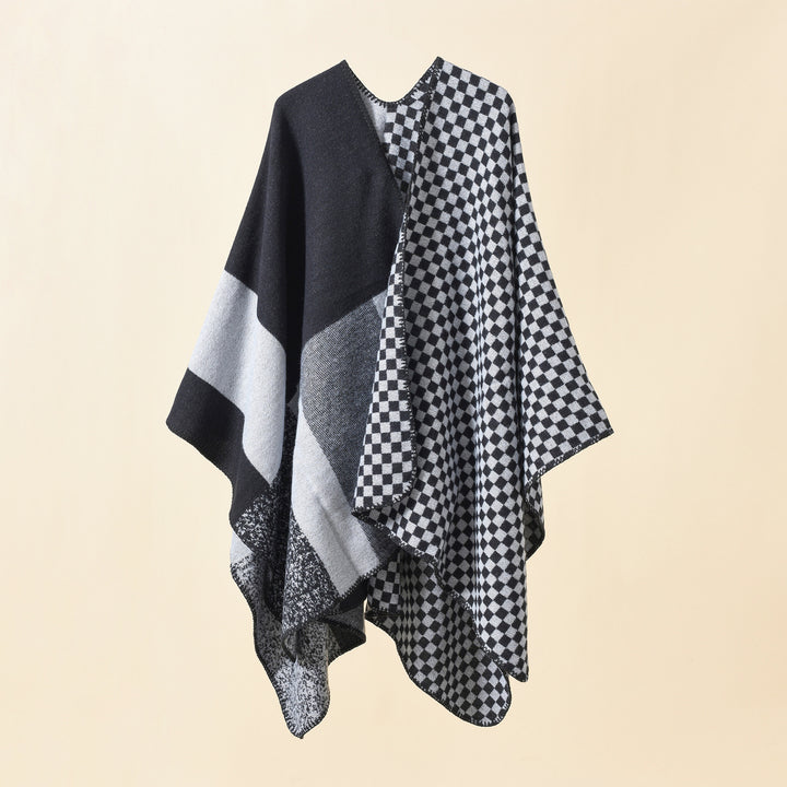 Women's Reversible Checked Pattern Cape Poncho made of Wool Blend with Boxy Oversized Fit Mune Fashion