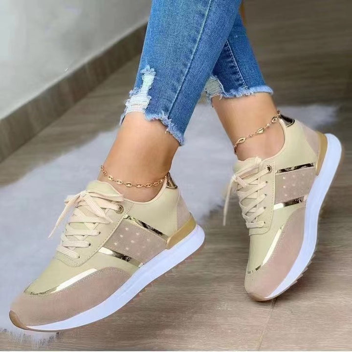Women Elegant City Wedge Sneakers with Suede-Mesh Mix and Golden Decorative Stripes Mune Fashion