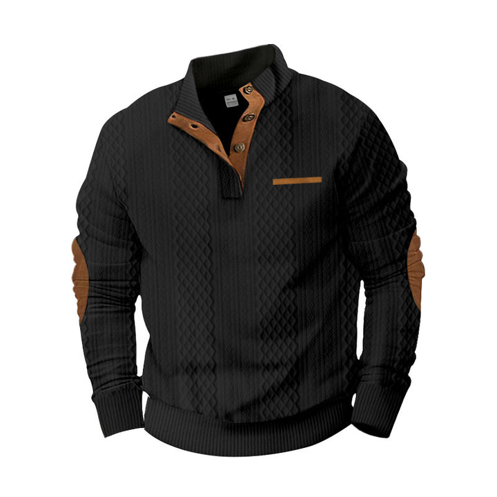 Men's Structured Cable Knit Sweatshirt with Half Button Placket, Faux Leather Patch Pocket & Elbow Patches Mune Fashion