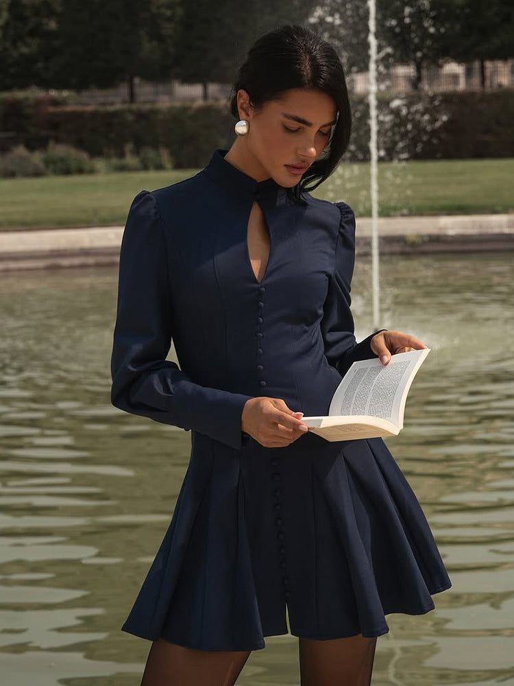 Women's Tailored Skater Mini Dress with Stand Collar, Button Placket and Keyhole Detail Mune Fashion