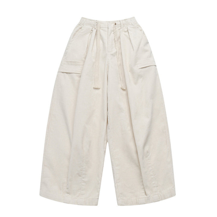 Women Wide High-Waisted Cord Pants in Culotte Cut with Drawstring and Patch Pockets Mune Fashion