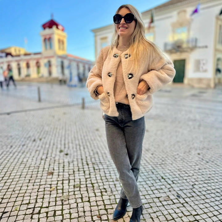 Women's Short Teddy Jacket Made of Faux Fur with Toggle Closures and Patch Pockets Mune Fashion