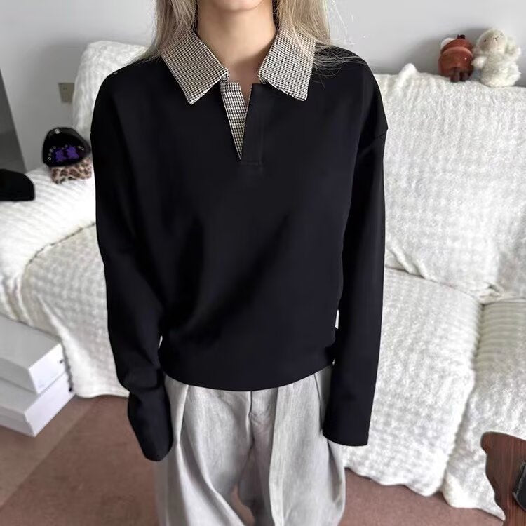 Women's Long Sleeve Polo Shirt with Contrasting Houndstooth Pattern Collar Mune Fashion