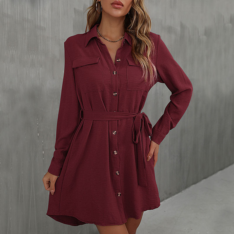 Women's Loose Shirt Blouse Mini Dress with Waist Belt and Patch Breast Pockets Mune Fashion
