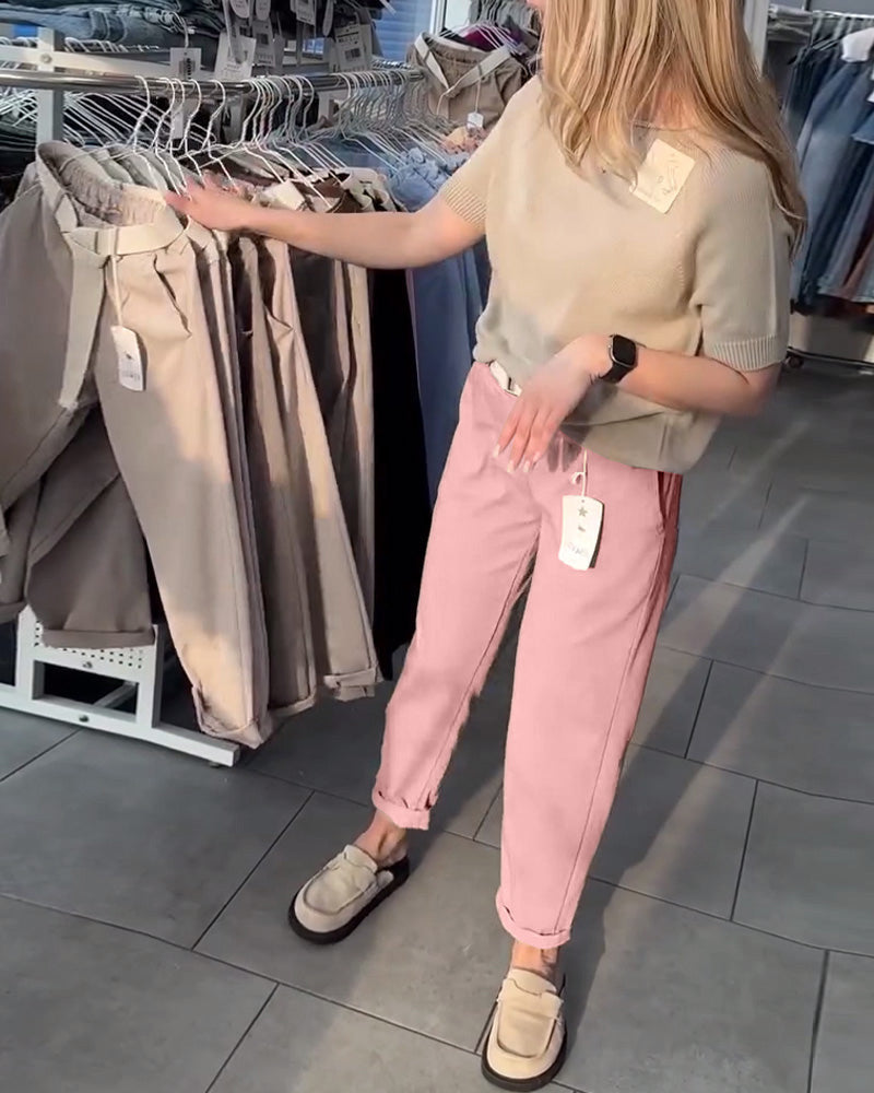 Women's casual cotton chinos with elastic comfort waistband, cuffs, and decorative belt Mune Fashion