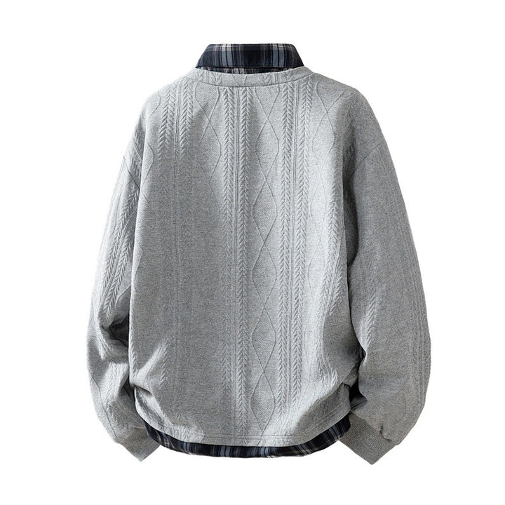Men's knitted structured V-neck layered sweater with integrated check collar insert Mune Fashion