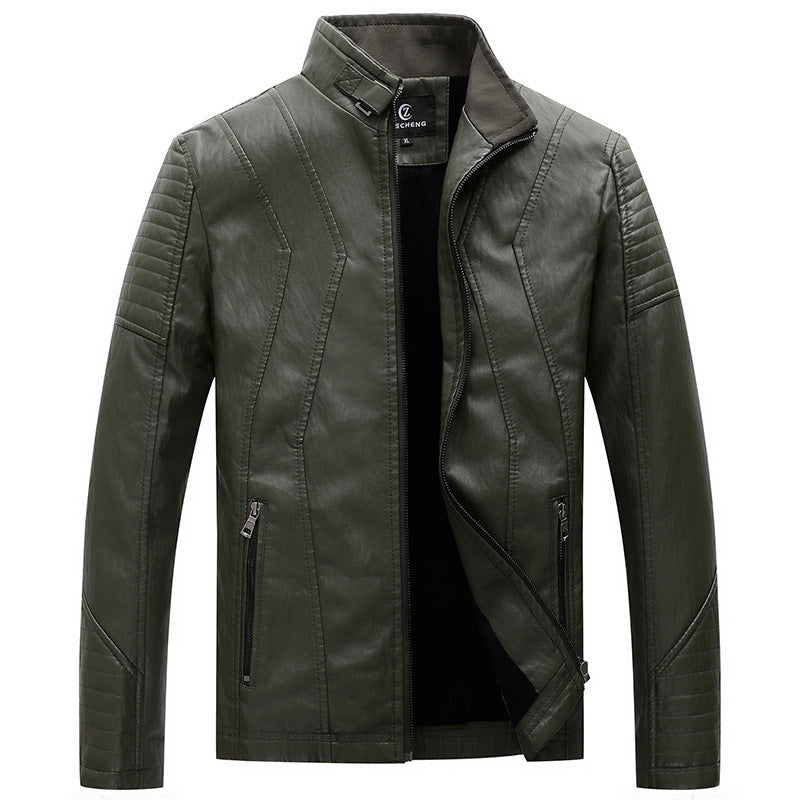 Men's Slim Faux Leather Biker Jacket with Stand Collar, Decorative Stitching and Zipper Pockets Mune Fashion