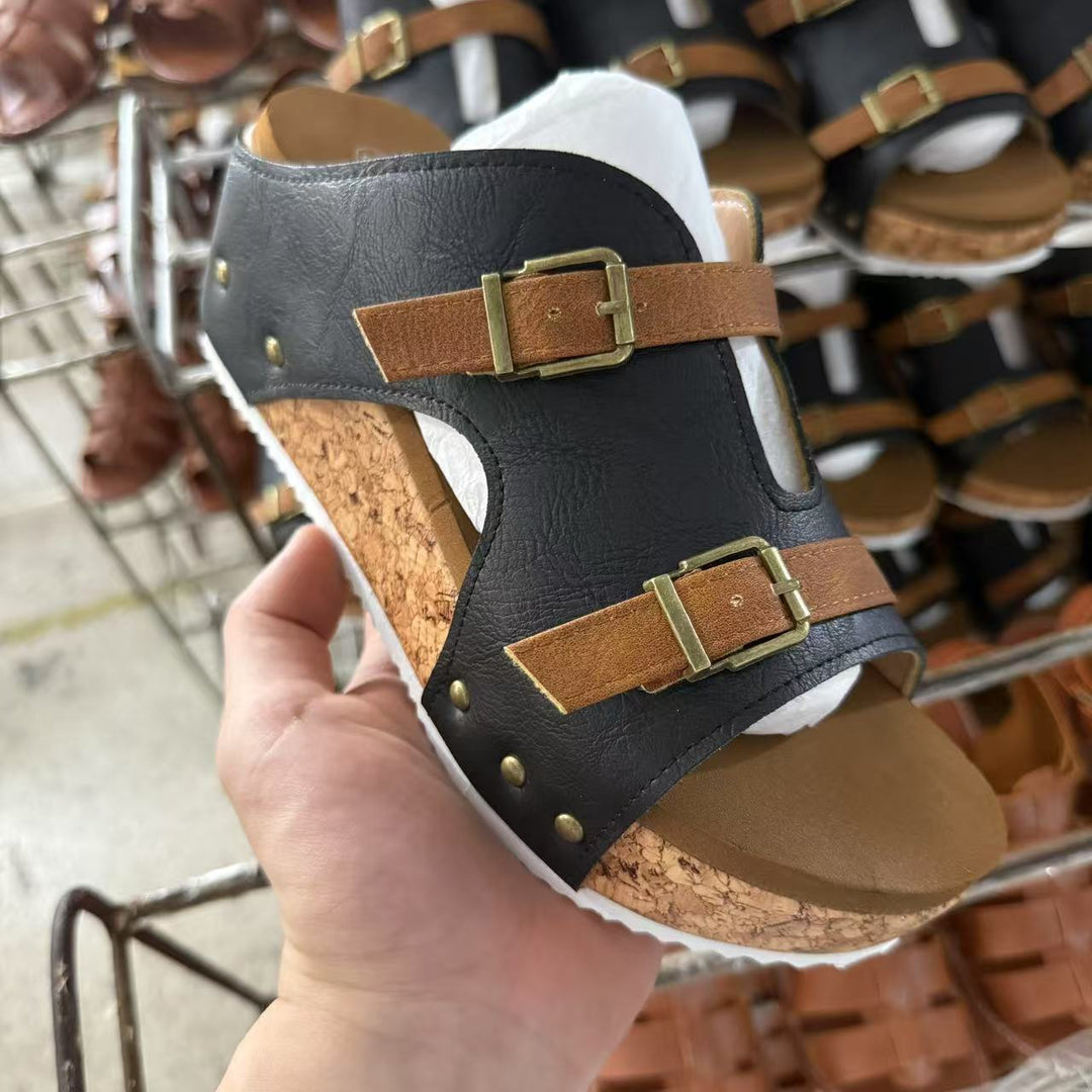 Ladies nan cork wedge sandals with two adjustable buckles, stud application and ergonomic footbed Mune Fashion