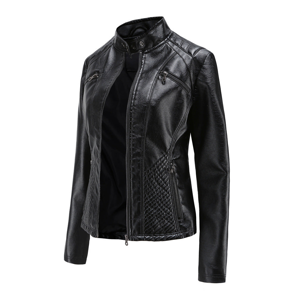 Women tailored biker jacket made of faux leather with quilted panels and stand-up collar Mune Fashion