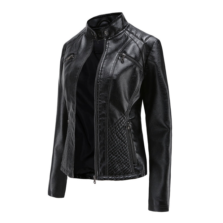 Women tailored biker jacket made of faux leather with quilted panels and stand-up collar Mune Fashion