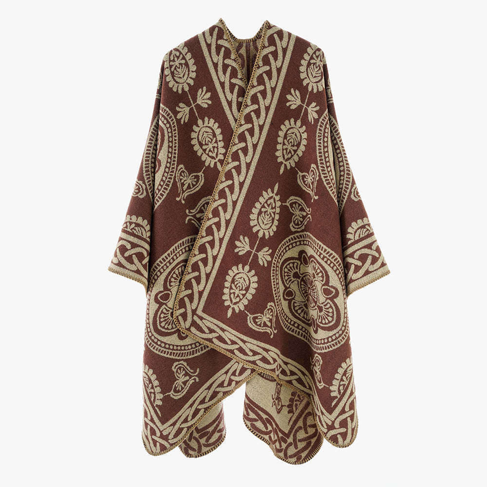 Women's Oversized Cape with Ornamental Jacquard and Asymmetrical Pointed Hem Mune Fashion
