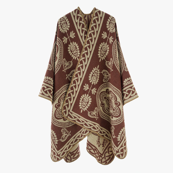 Women's Oversized Cape with Ornamental Jacquard and Asymmetrical Pointed Hem Mune Fashion