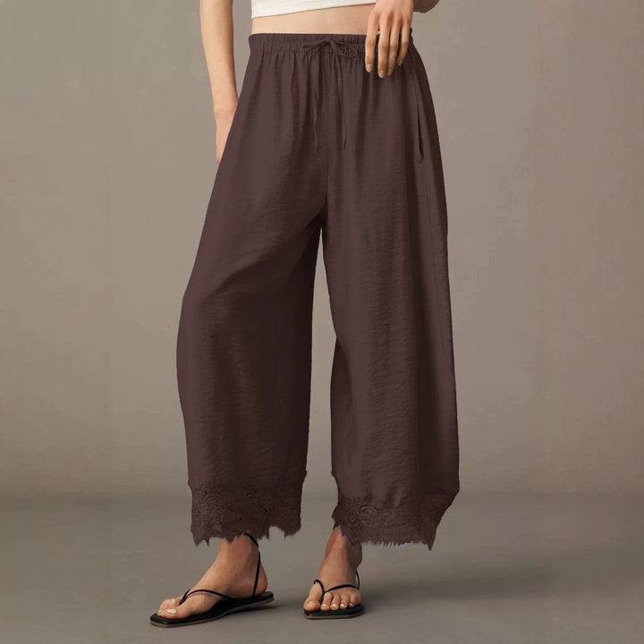 Women Wide Palazzo Pants with Elastic Drawstring Waistband and Lace Trim Mune Fashion