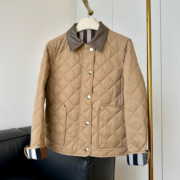 Ladies fashionable quilted jacket with elegant leather collar Mune Fashion
