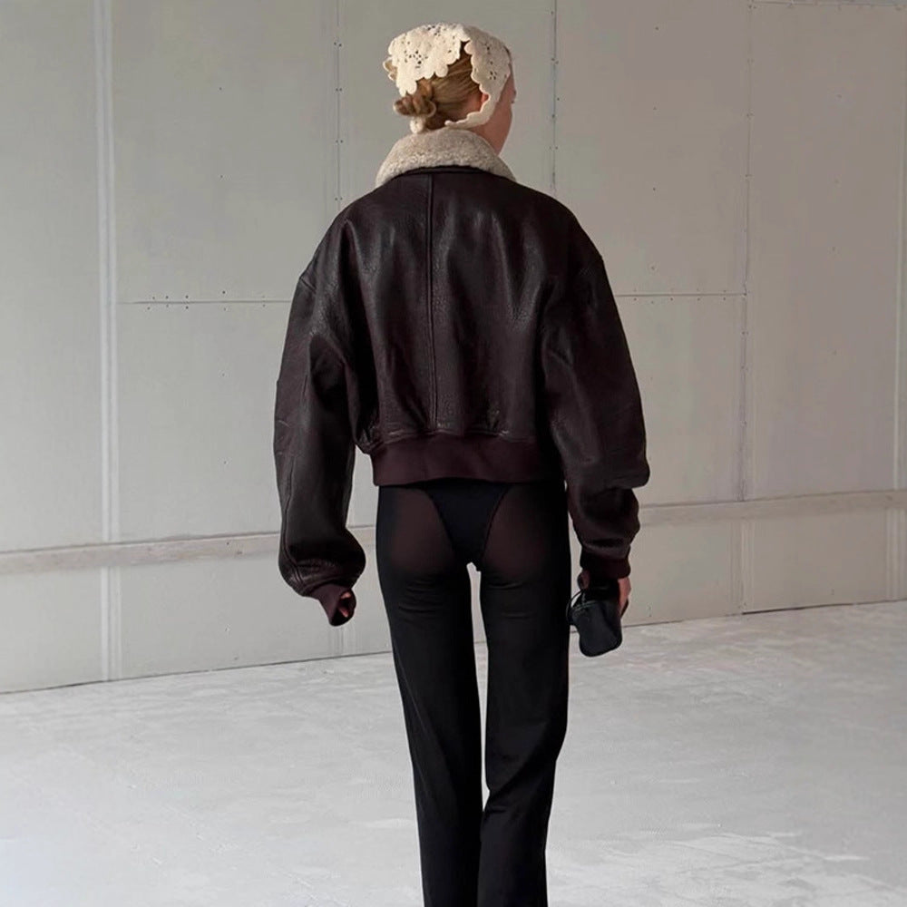 Ladies Oversized Pilot Jacket in Biker Bomber Style with Teddy Collar Mune Fashion