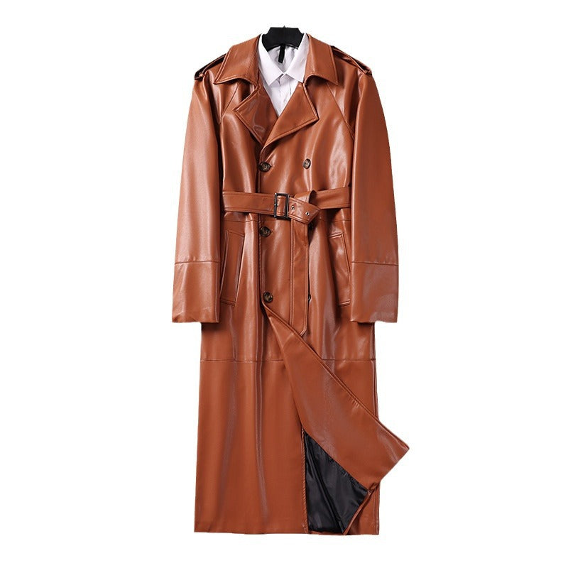 Men's Long Faux Leather Trench Coat with Double Breasted, Belted Waist and Epaulettes Mune Fashion