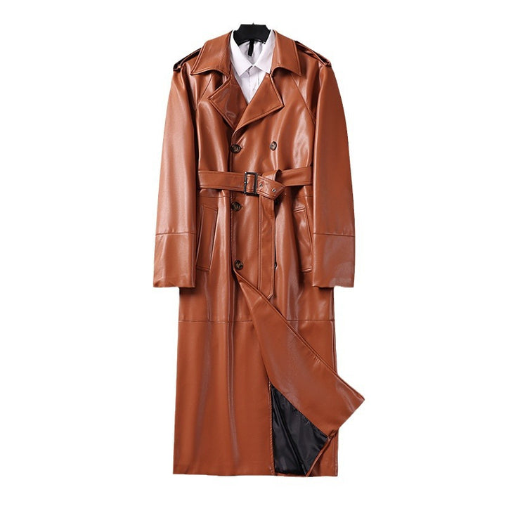 Men's Long Faux Leather Trench Coat with Double Breasted, Belted Waist and Epaulettes Mune Fashion