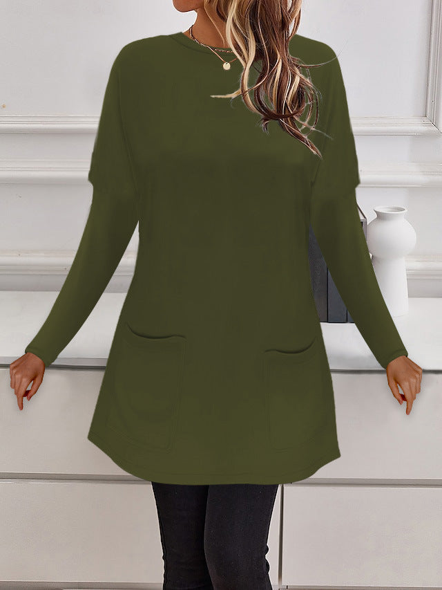 Women's Longline Fine Knit Tunic with Round Neckline and Patch Pockets Mune Fashion