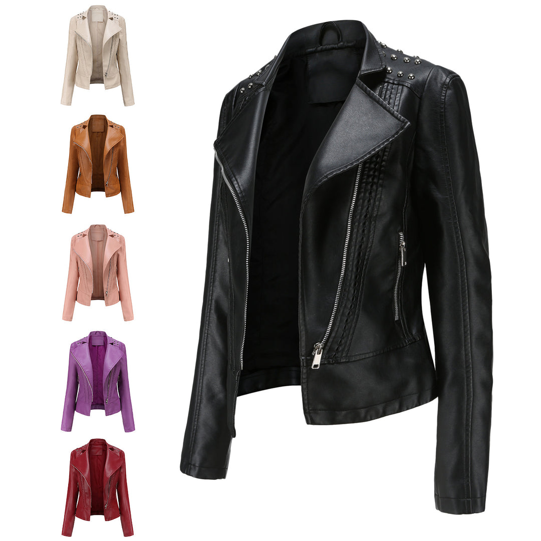 Women's cropped biker jacket made of faux leather with studs and asymmetrical zipper Mune Fashion