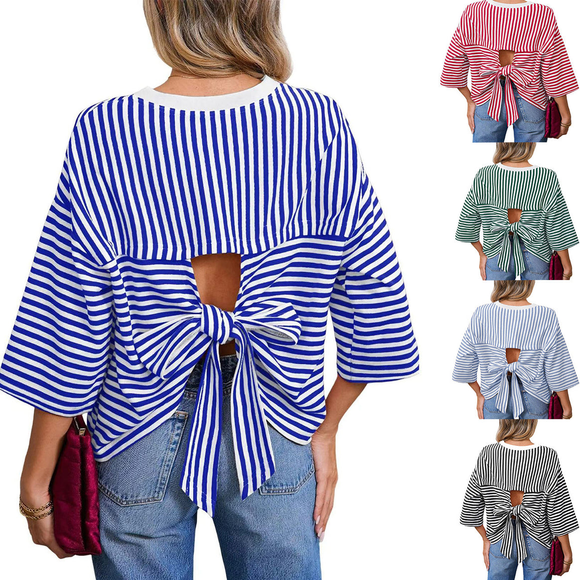 Women's Striped Oversize Shirt with Back Cutout and Bow Tie Mune Fashion