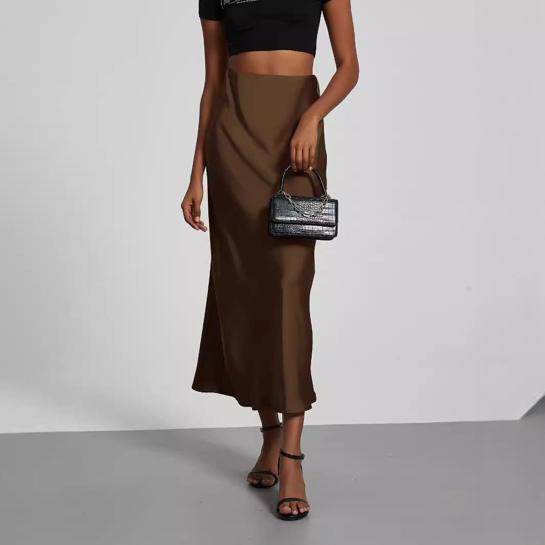 Ladies Satin Midi Skirt with High Waist and Asymmetrical Cut Mune Fashion