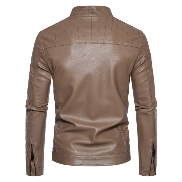 Men's fitted faux leather biker jacket with stand-up collar and quilted sleeve detail Mune Fashion