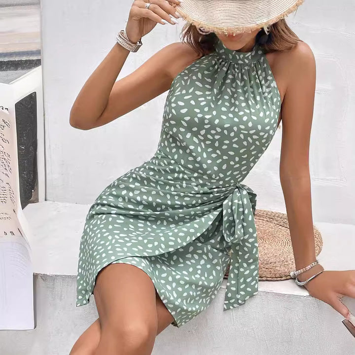 Women Halter Wrap Dress made of lightweight satin with tie belt Mune Fashion