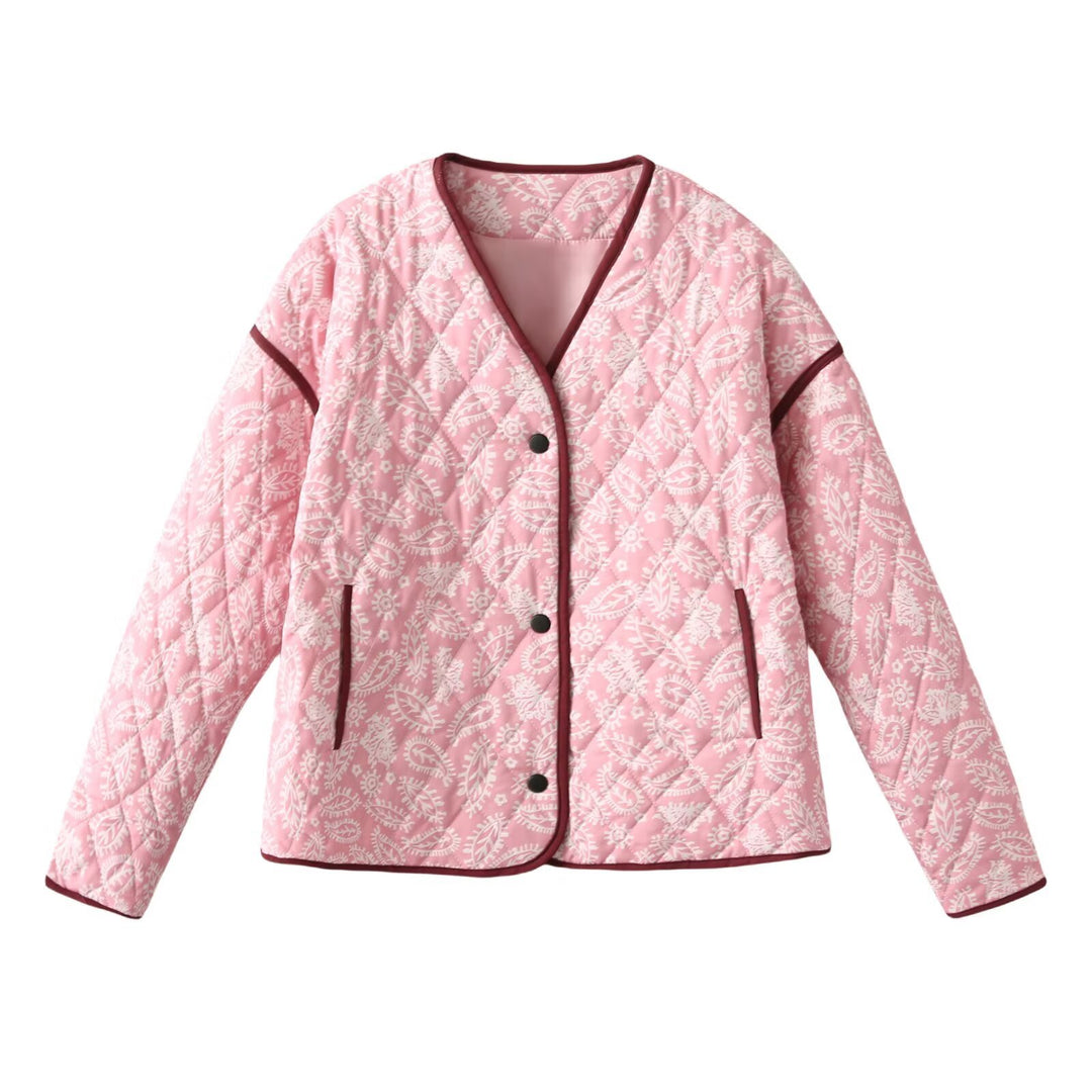 Women's quilted jacket with paisley pattern, V-neck and contrasting piping Mune Fashion