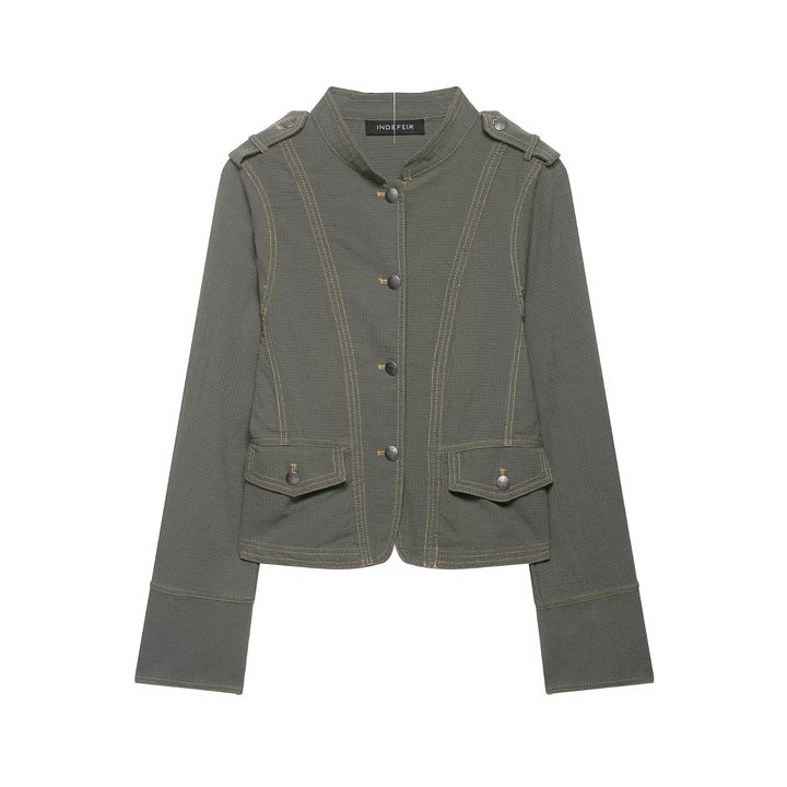 Women's Short Utility Jacket with Stand Collar, Shoulder Flaps and Applied Flap Pockets Mune Fashion