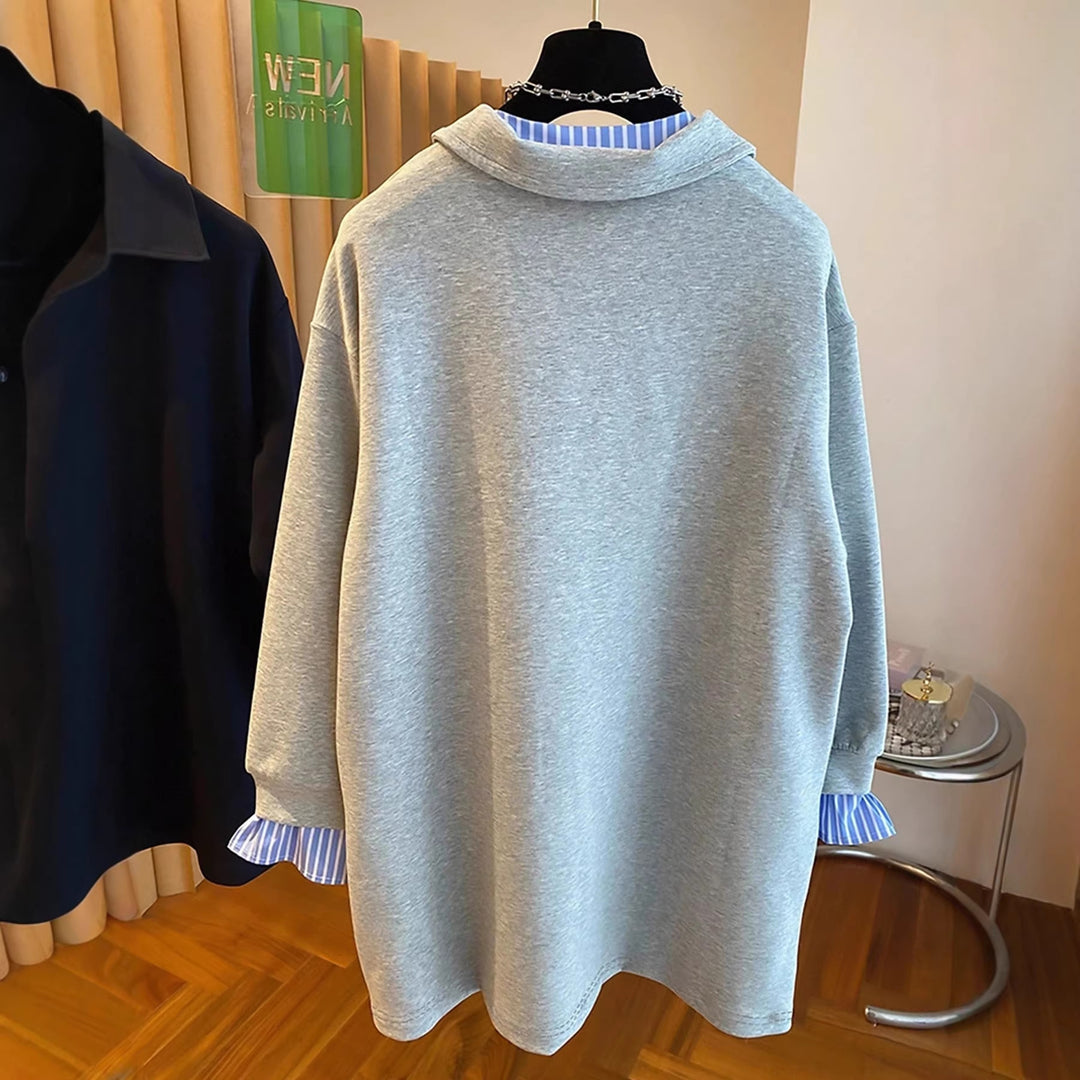 Women Oversized Sweatshirt with Shirt Collar Look and Striped Cuffs Mune Fashion