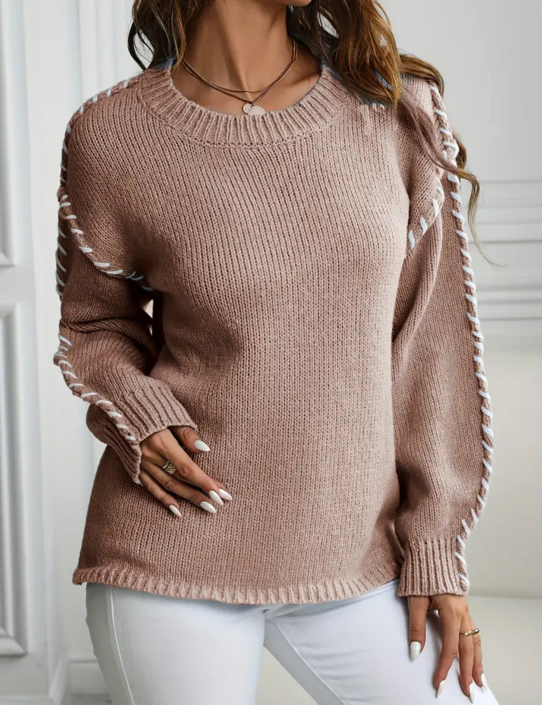 Women's Oversize Knit Sweater with Decorative Cord Braid on Sleeves Mune Fashion