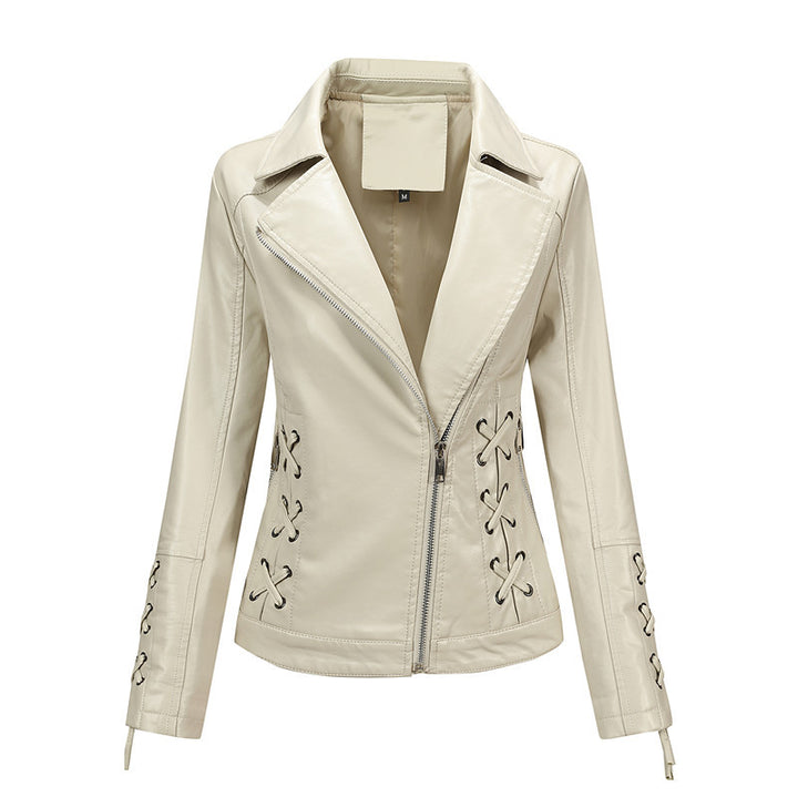 Women's faux leather biker jacket with side lacing and asymmetric zipper Mune Fashion