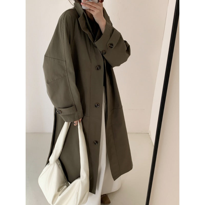Women Lightweight Oversized Trench Coat with Stand Collar and Large Pockets Mune Fashion