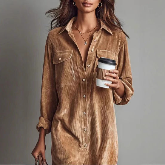 Women's shirt dress made of corduroy with breast pockets, button placket and slit Mune Fashion