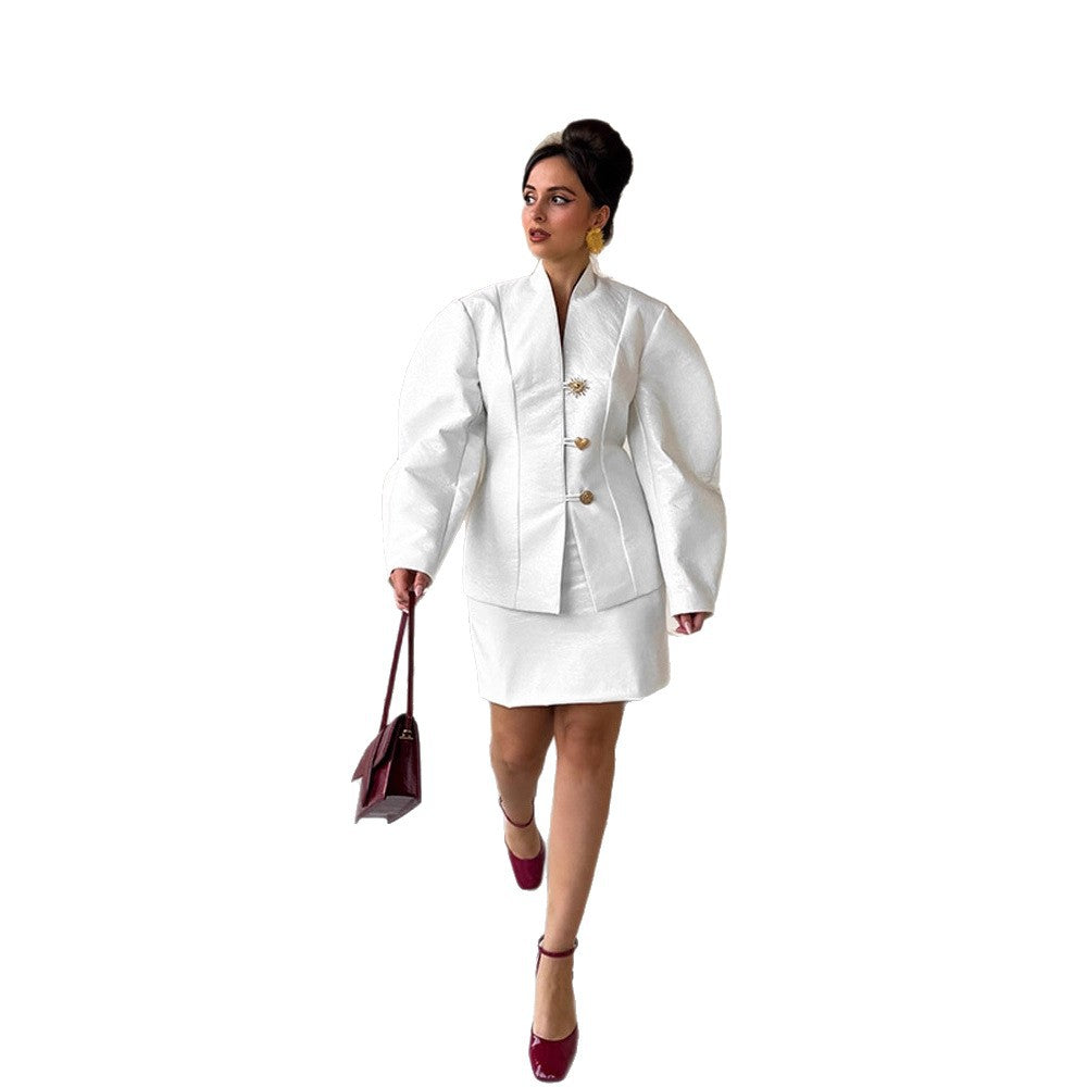Women's Tailored Blazer Suit with Sculptural Balloon Sleeves and Mini Skirt Mune Fashion