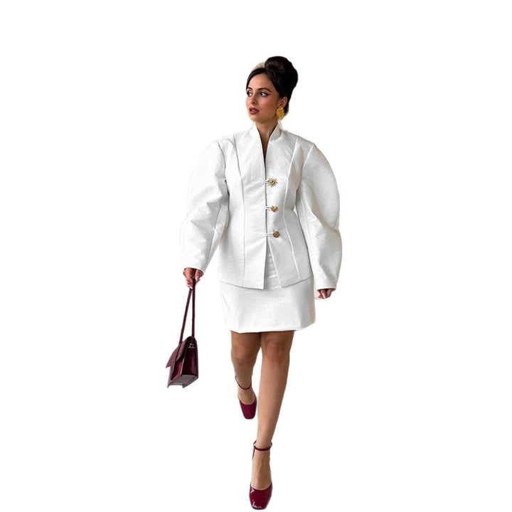 Women's Tailored Blazer Suit with Sculptural Balloon Sleeves and Mini Skirt Mune Fashion