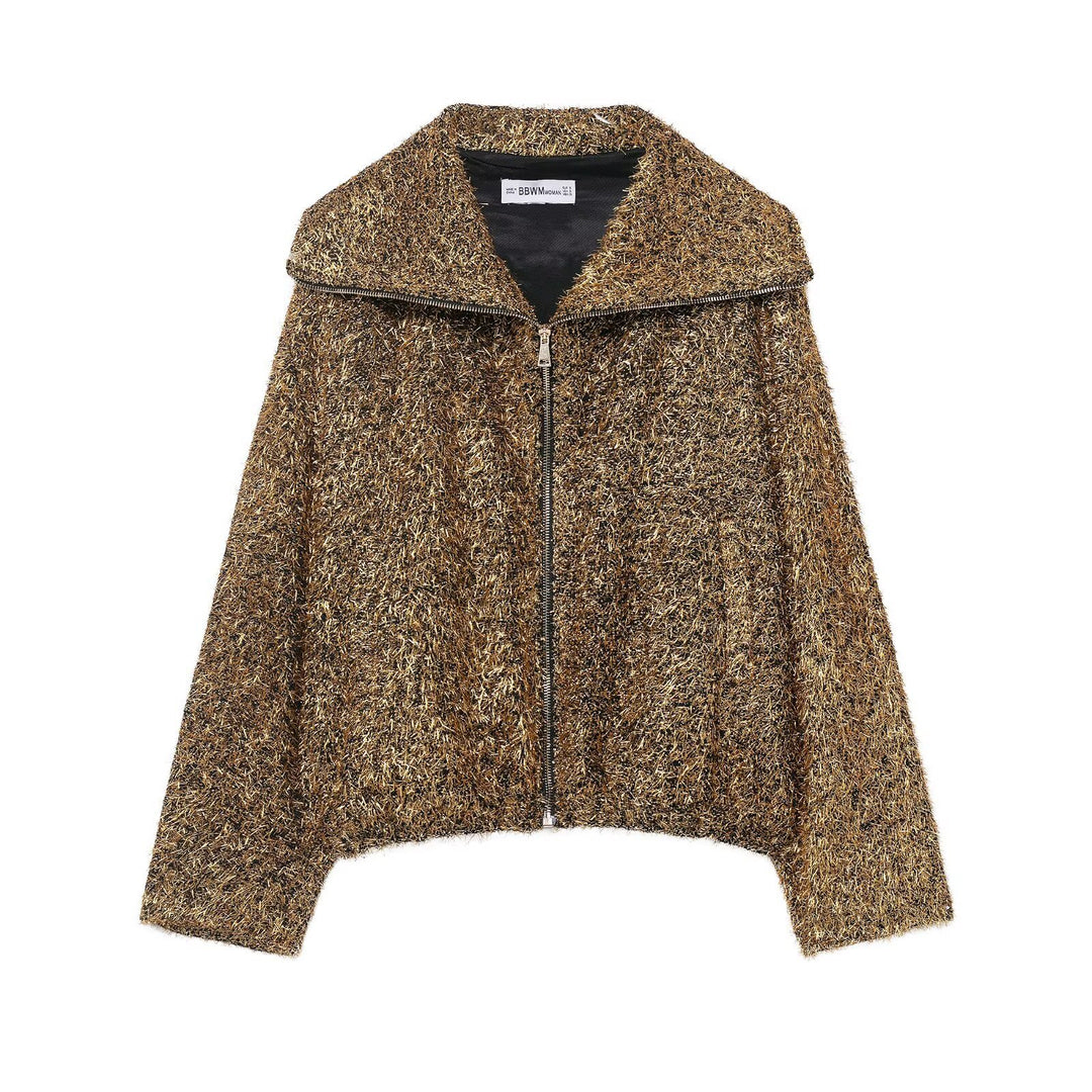 Ladies Glittering Boucle Zip Jacket with Wide Collar and Cropped Boxy Cut Mune Fashion