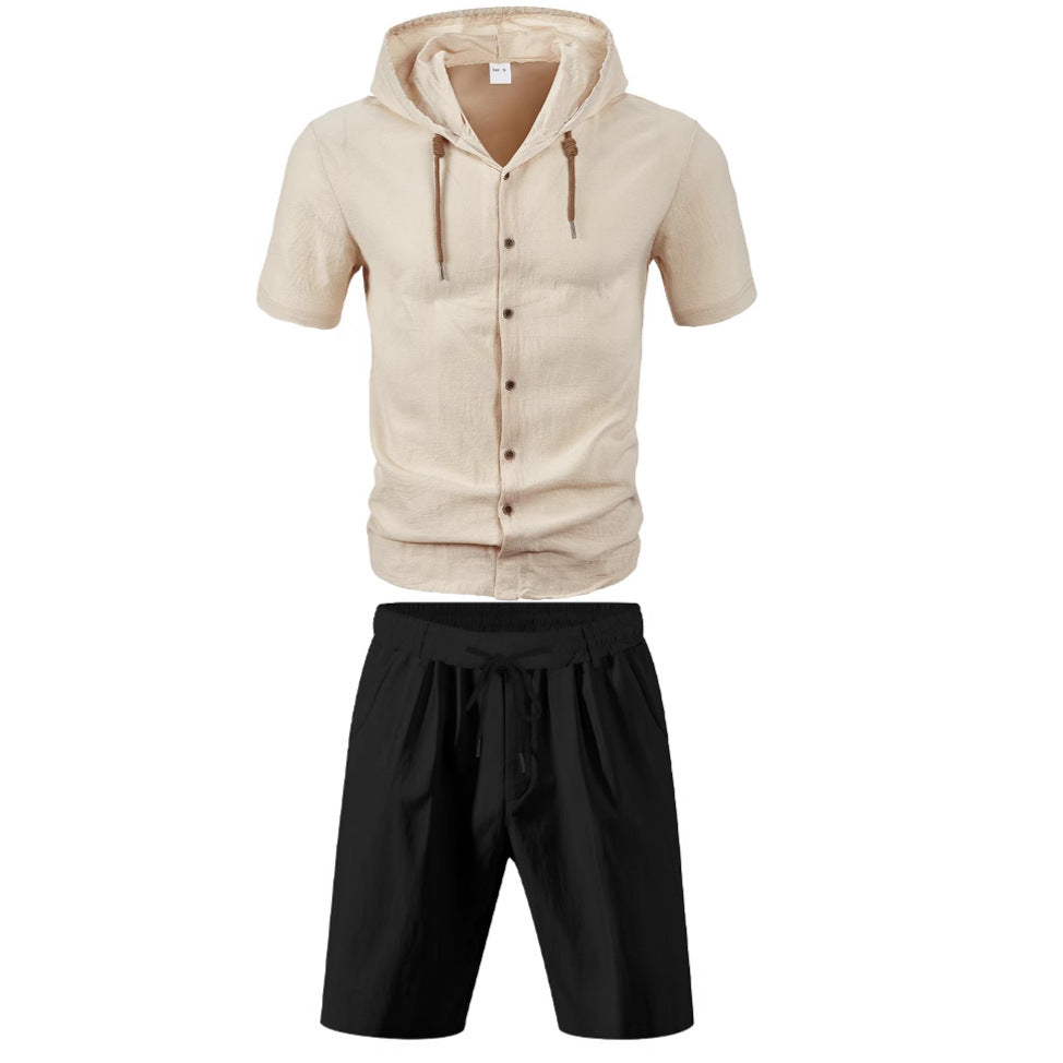 Men's lightweight summer hoodie in linen look with continuous button placket and drawstring Mune Fashion