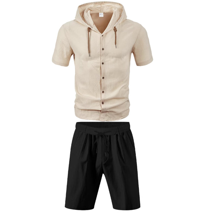 Men's lightweight summer hoodie in linen look with continuous button placket and drawstring Mune Fashion