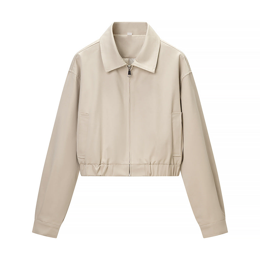 Women’s short-cut minimalist blouson jacket made of soft vegan leather with a lapel collar and elastic hem Mune Fashion