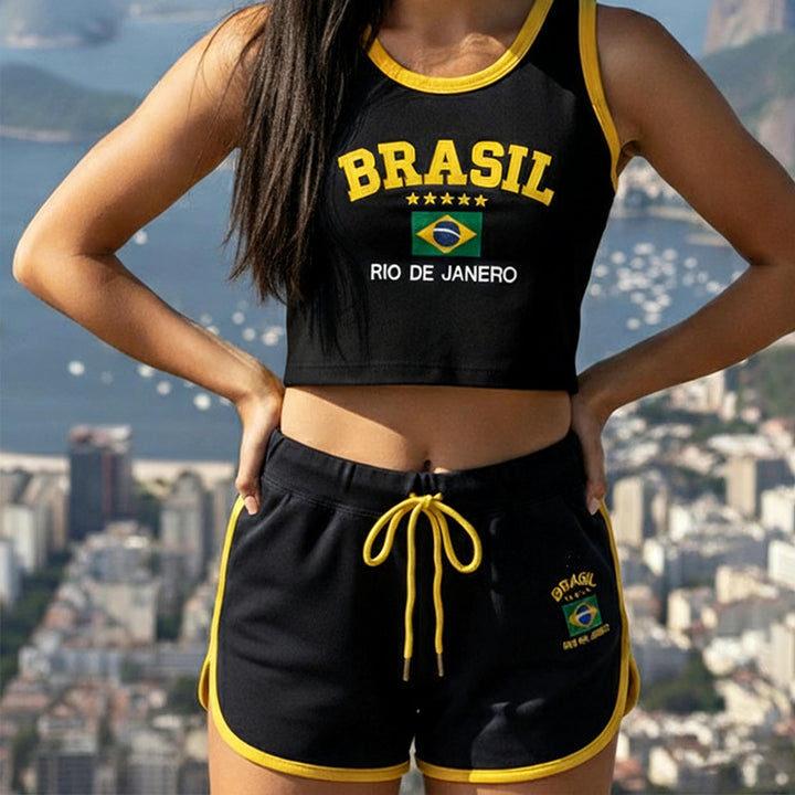 Women's sporty crop top and sweat shorts set with fitted waistband and drawstring Mune Fashion