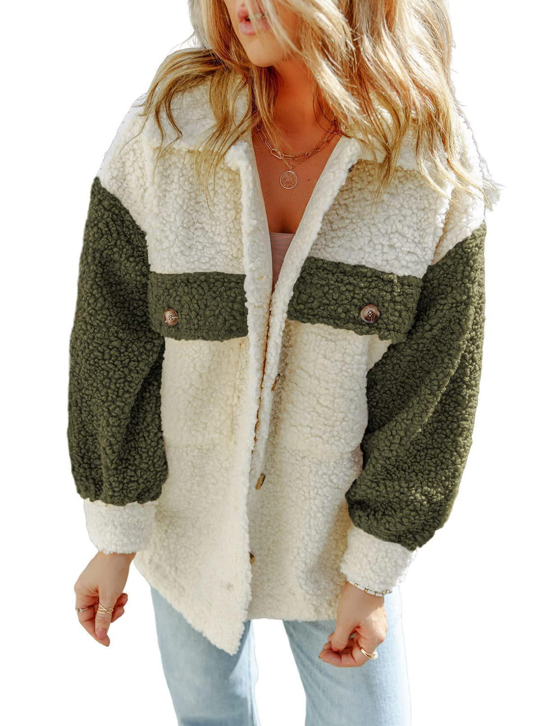 Women's oversized Teddy shirt jacket with contrast stripes, applied chest pockets and visible button placket Mune Fashion